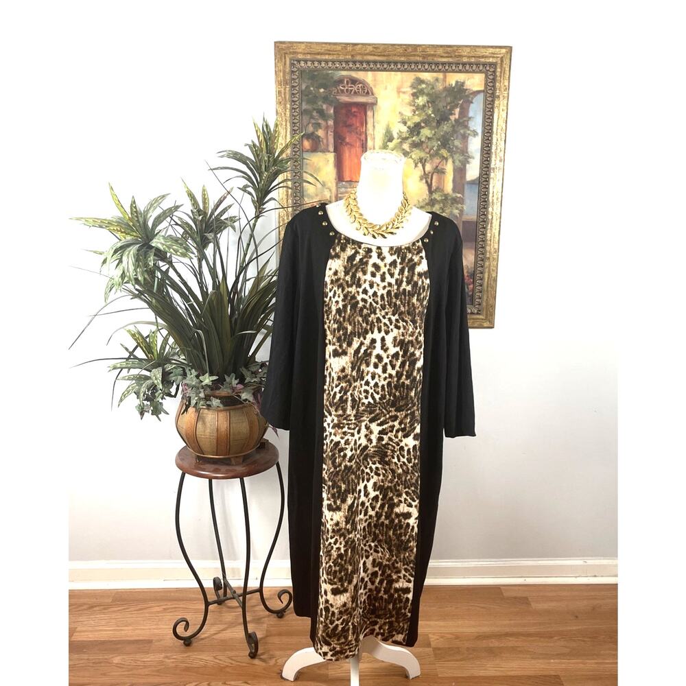 Ruby Rd Woman Plus 22W Animal Print Midi Dress Black Studded  Stretch Mobwife
